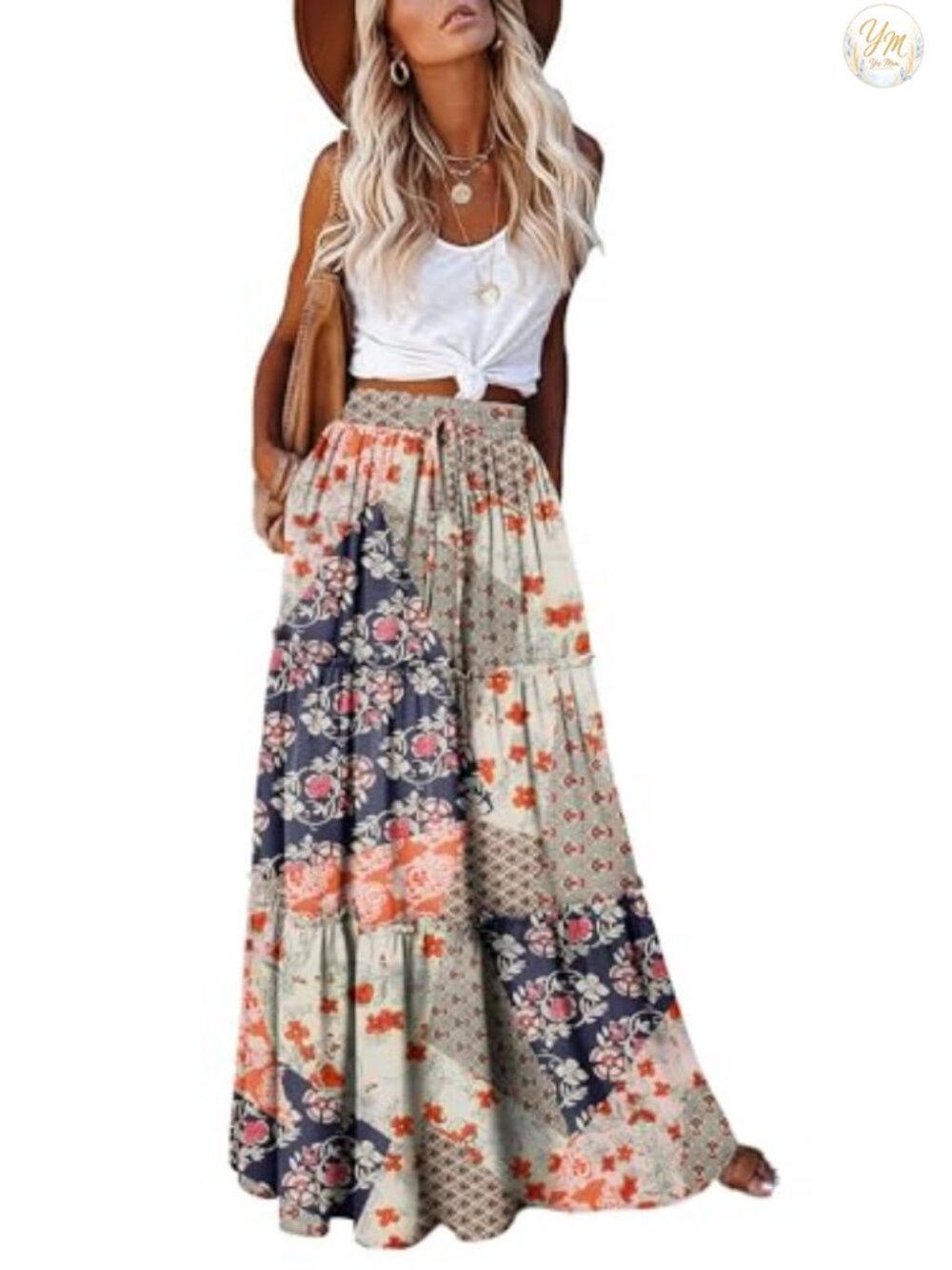Boho Maxi Skirt High Waist with Pockets Flowy Tiered Long Skirt